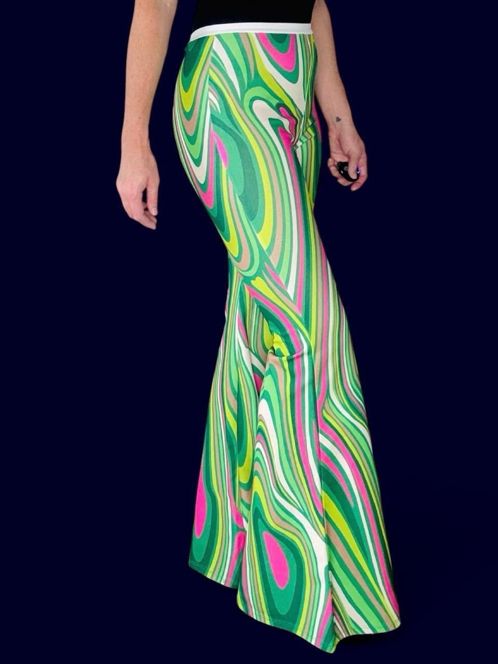 Retro Pink Green Psychedelic Printed Hippie Festival High Rise Flare Pants - Picture 4 of 9